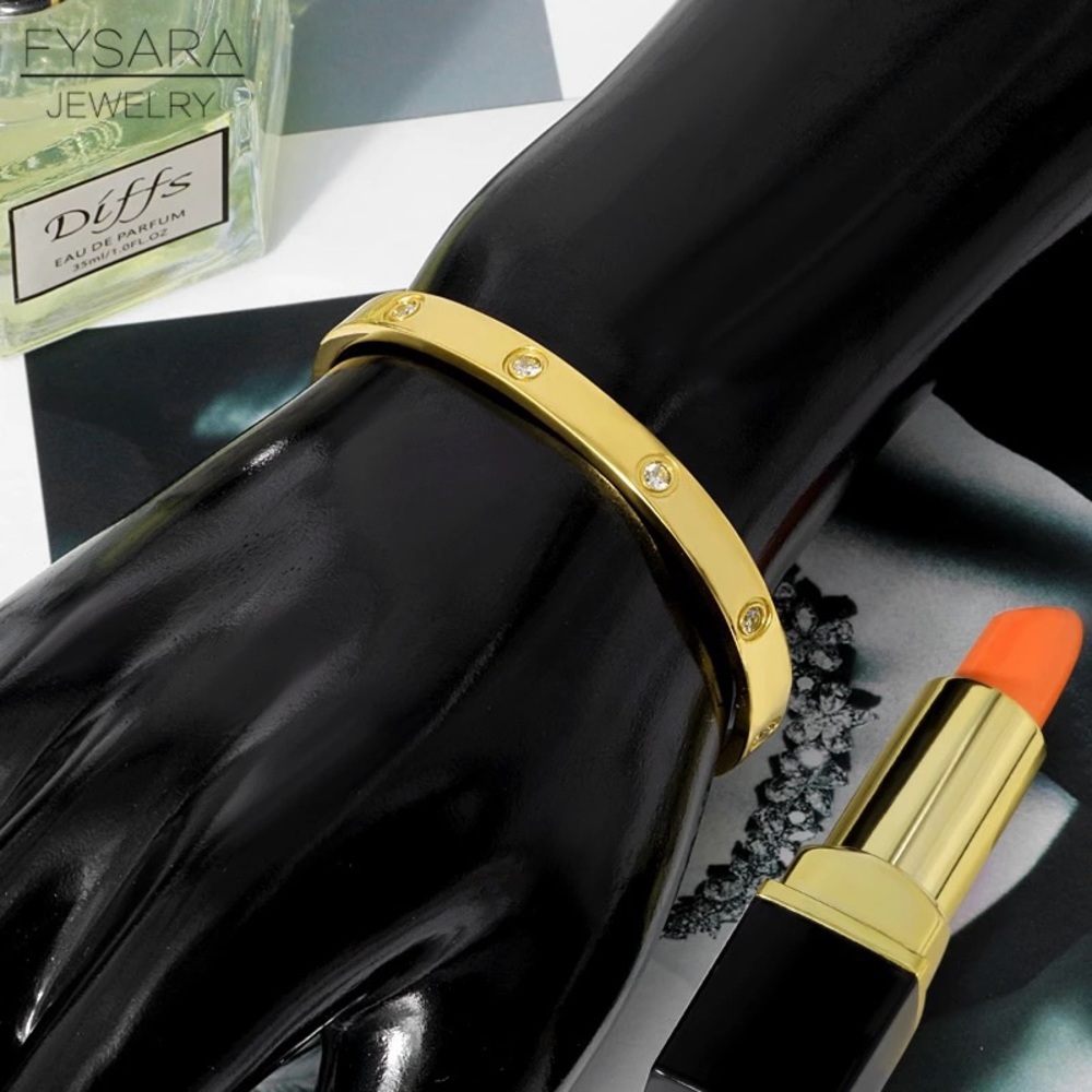 Stainless Steel Bangles, Gold Cubic Zirconia